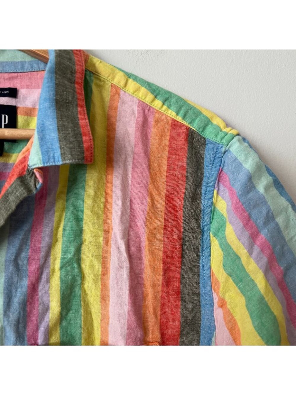 GAP Linen-Cotton Rainbow Striped Short Sleeve Button Up Shirt Men's Size L Tall - Picture 4 of 10